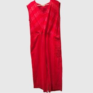 BUYKUD women’s red linen striped jumpsuit M medium boho festival casual